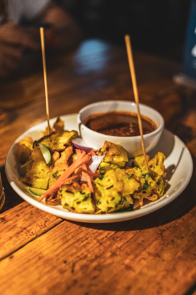 Chicken satay skewers with peanut dipping sauce