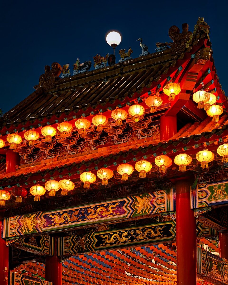 Traditional chinese temple illuminated by lanterns at night.
