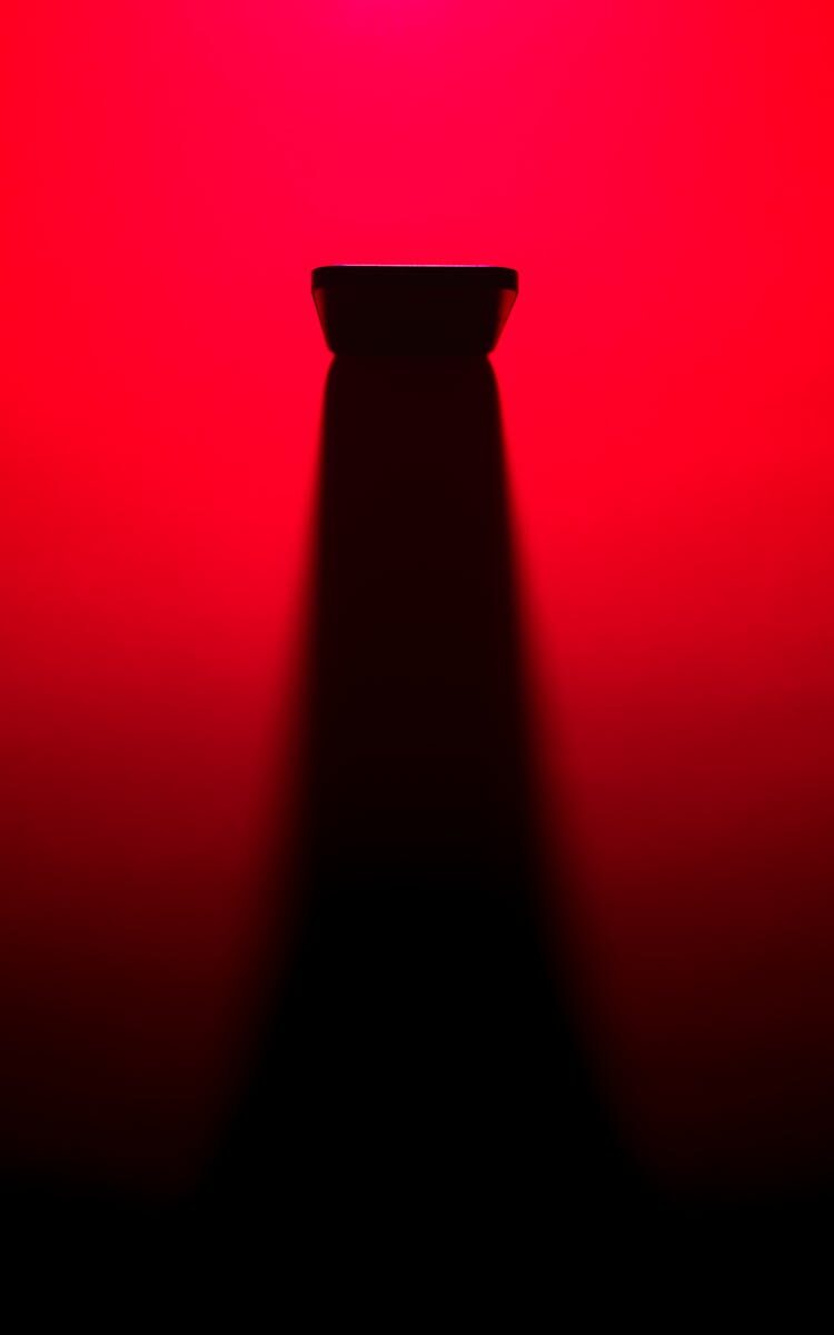 A striking silhouette against a dramatic red light background, creating a bold abstract shape.