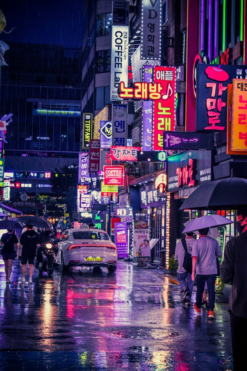 a group of people walking down a street holding umbrellas