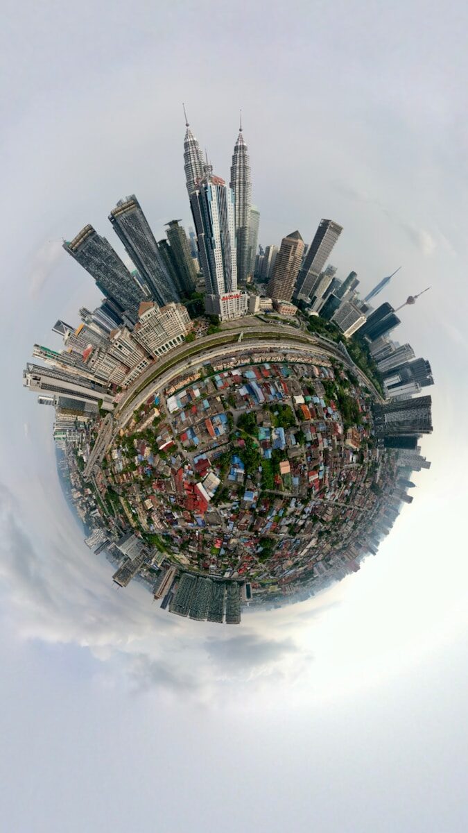 An aerial view of a city in the sky